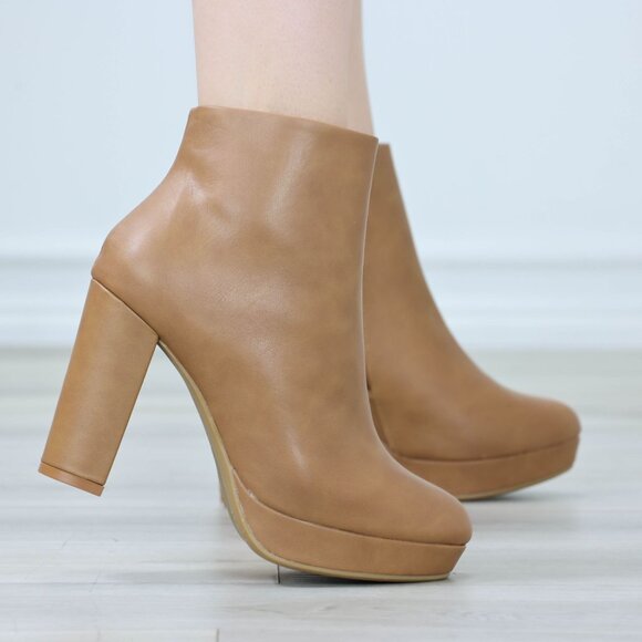 Womens Platform High Heeled Bootie Zip Up Tan Ankle Boots Block Heel - Picture 5 of 12